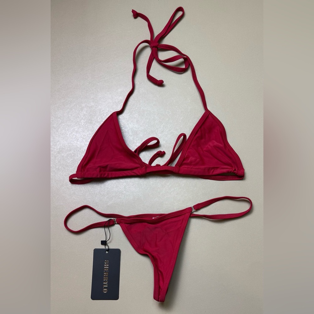 NWT SHERRYLO Wine Red String Bikini Set Size M Triangle Tie Swimwear